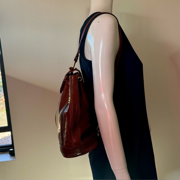 Marino Orlandi Cognac Leather Drawstring Bucket Sling Bag Backpack - Picture 16 of 16